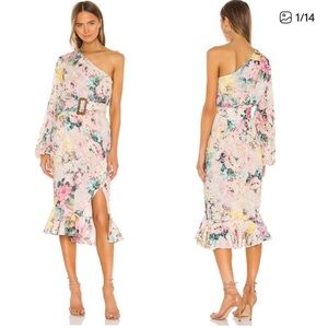 HEMANT & NANDITA Teien Midi Pastel Floral One-Shoulder Dress in Pink and Green